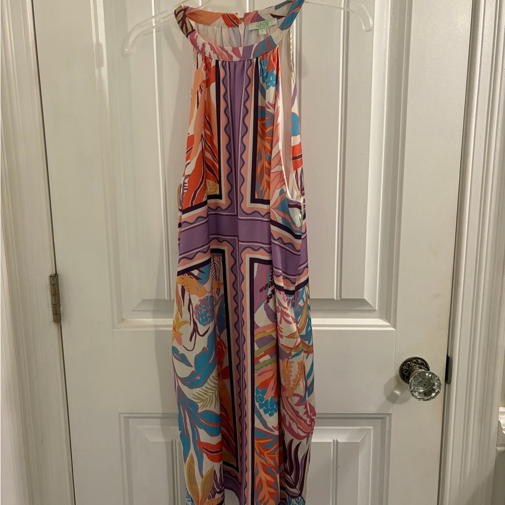 Jade Multicolor Halter Midi Dress in Purple, Teal, Orange, Cream